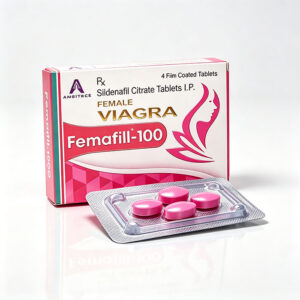 印度偉姐Femafill-100的外盒包裝，正面印有產品名稱與Ambitree藥廠標誌，盒身為粉紫色調，清楚標示Sildenafil 100mg與Lady Era第二代升級款字樣。
