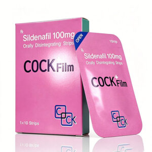紫玫瑰口含片的外盒包裝，正面印有產品名稱與COCK Film商標，盒身為紫白色調，清楚標示每片含西地那非100mg與智慧膜技術圖示。
