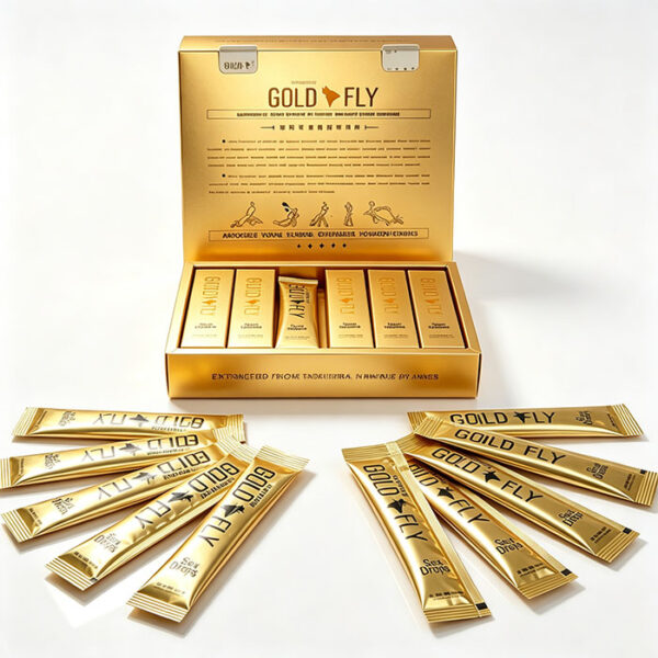 西班牙金蒼蠅 GOLD FLY 催情水的外盒包裝，正面印有金色蒼蠅圖案與品牌標誌，盒身為金色與黑色調，清楚標示西班牙原裝進口與女性專用催情水字樣。